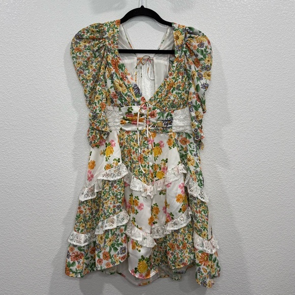 NWT For Love & Lemons Floral Rosalyn Mini Dress in Green White Medium - Picture 2 of 7